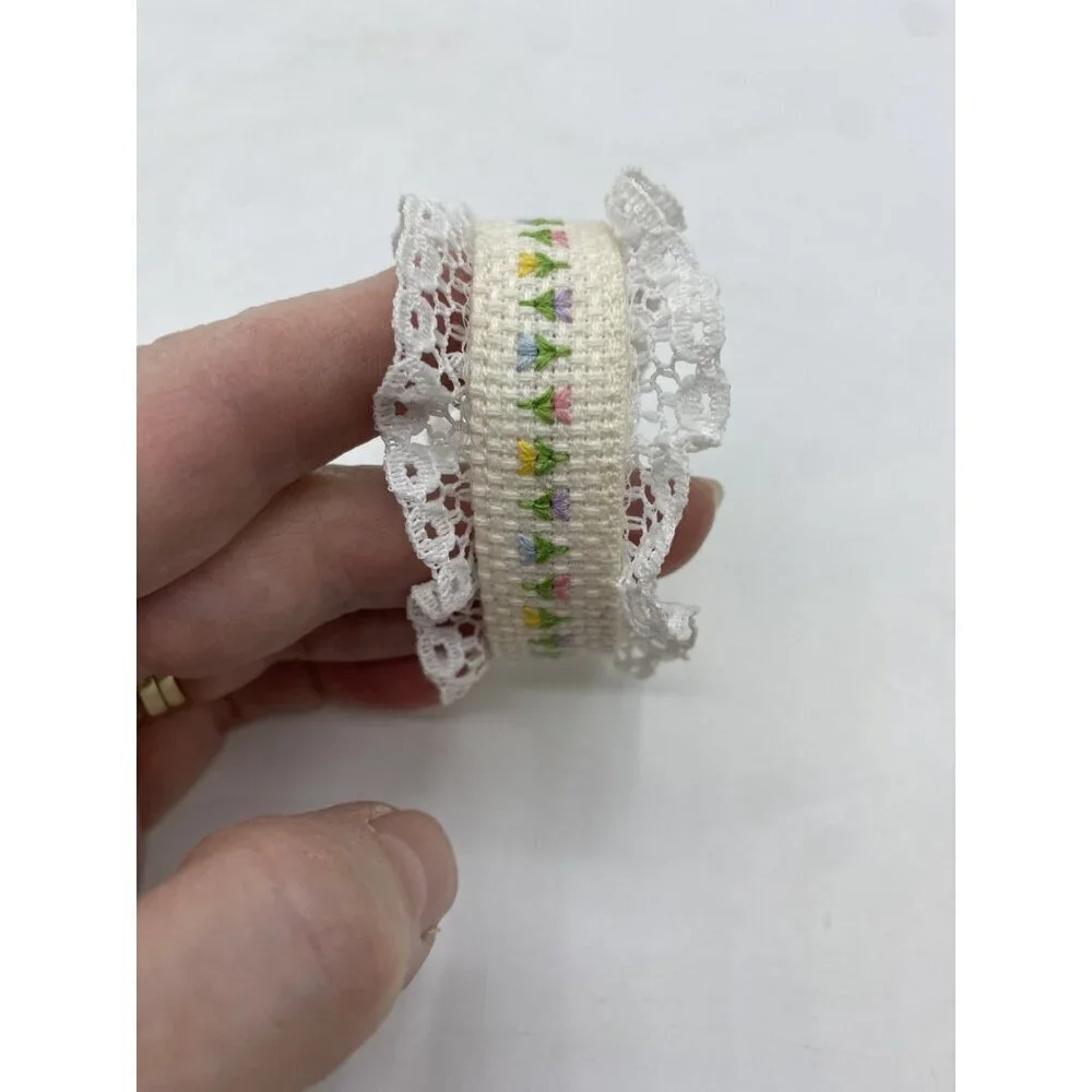 Vintage Cross Stitch Napkin Rings Handmade Easter Spring Dinner Party Set of 5